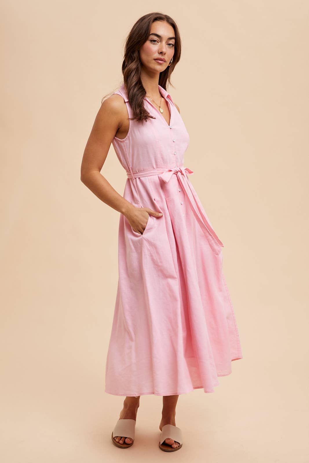 Pink Sleeveless Linen Blend Midi Dress