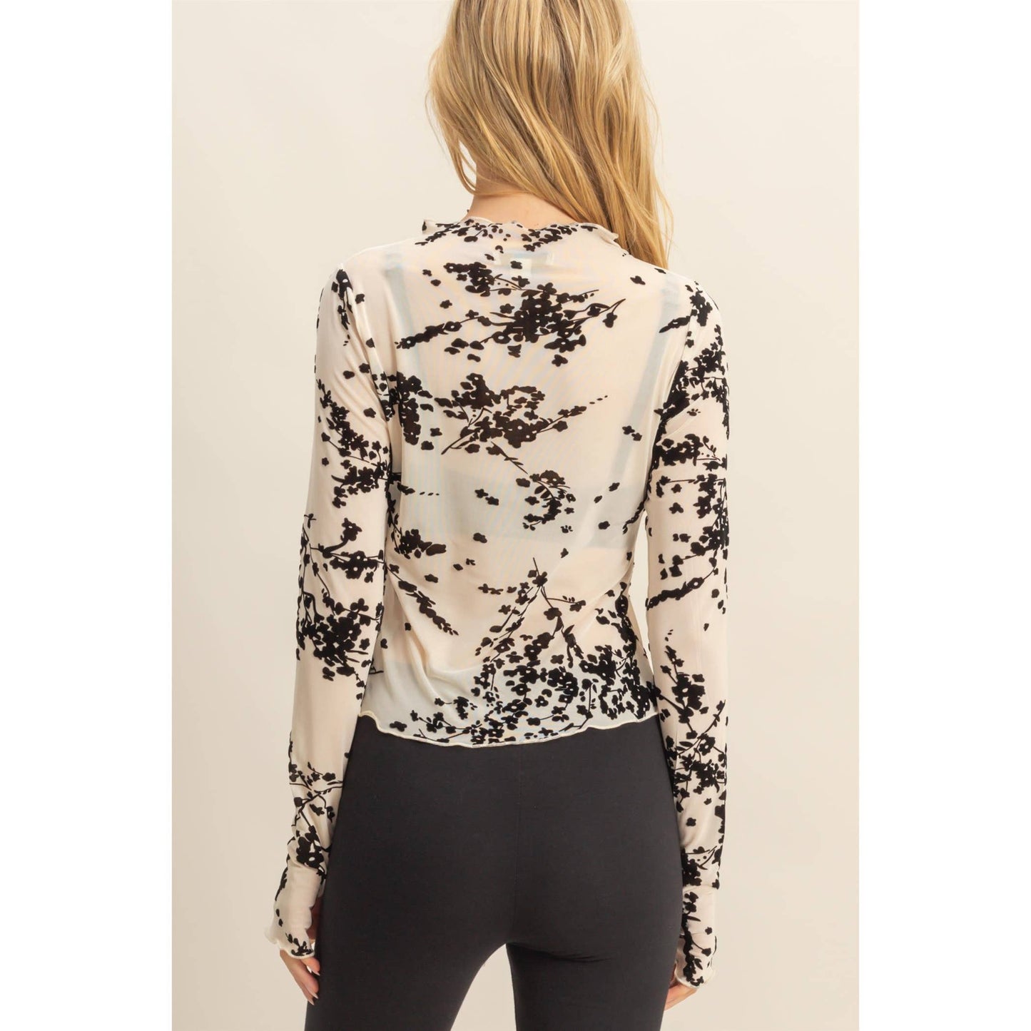 Elegant Long-Sleeve Flocked Mesh Top