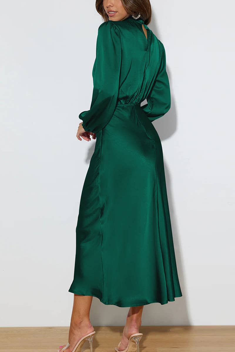 Emerald Satin Long Sleeved Midi Dress