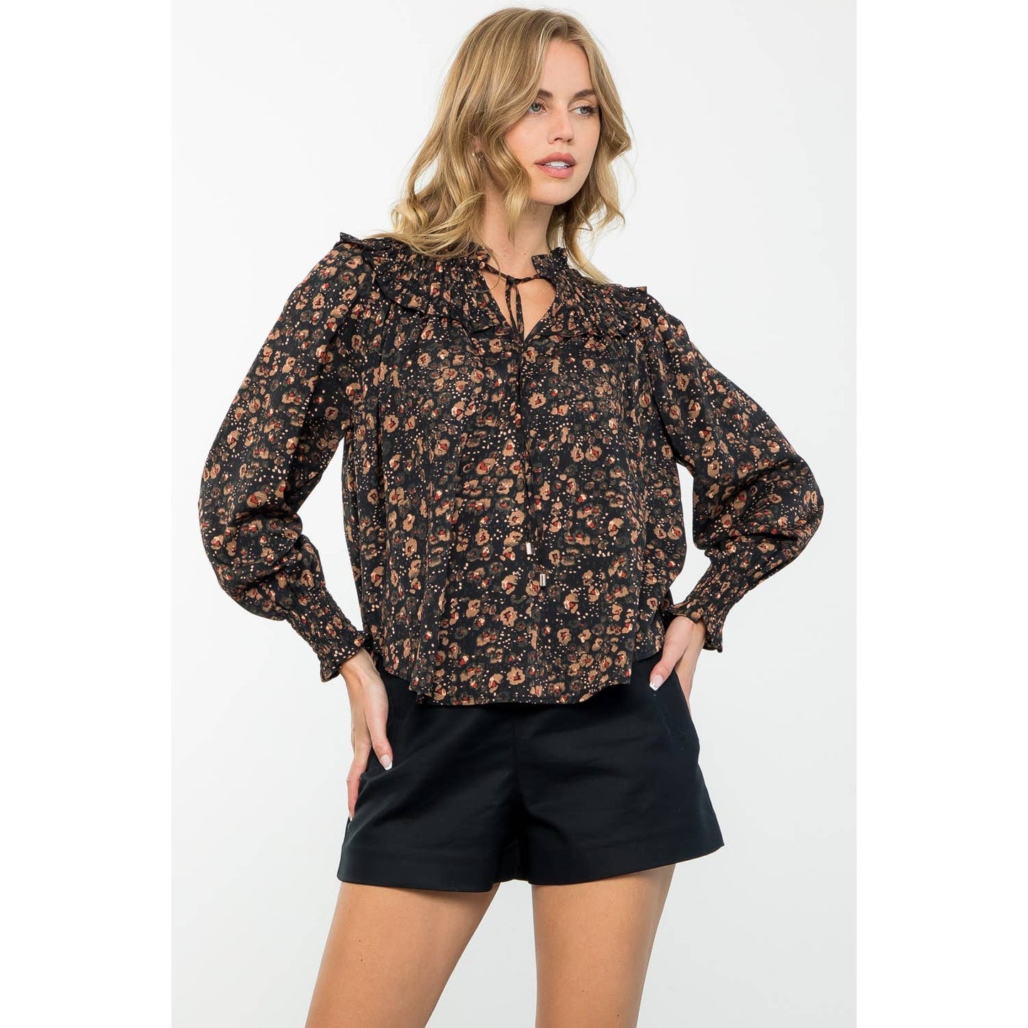 Smocked Detail Long Sleeve Print Top