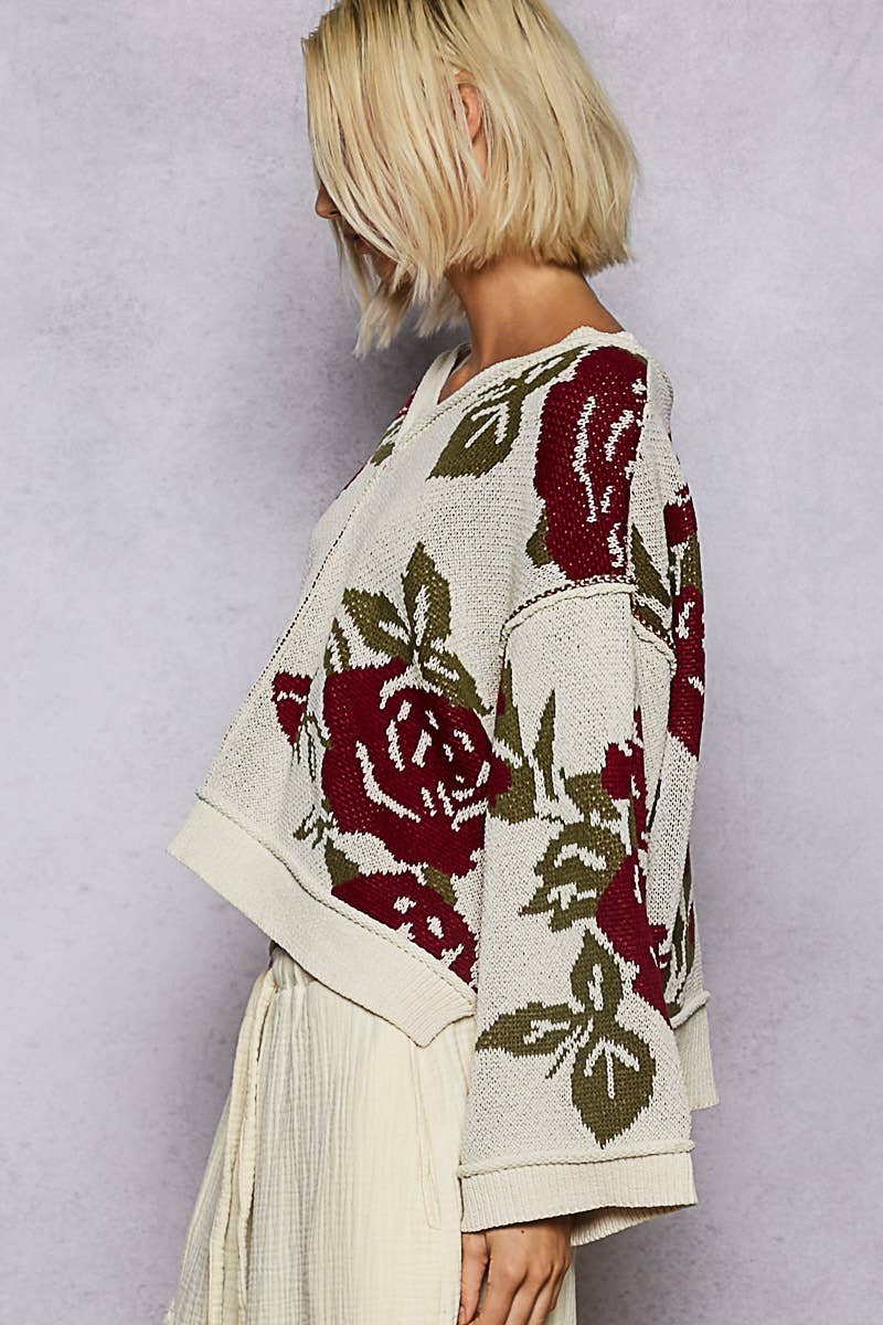Long sleeve contrast floral exposed seam detail sweater top