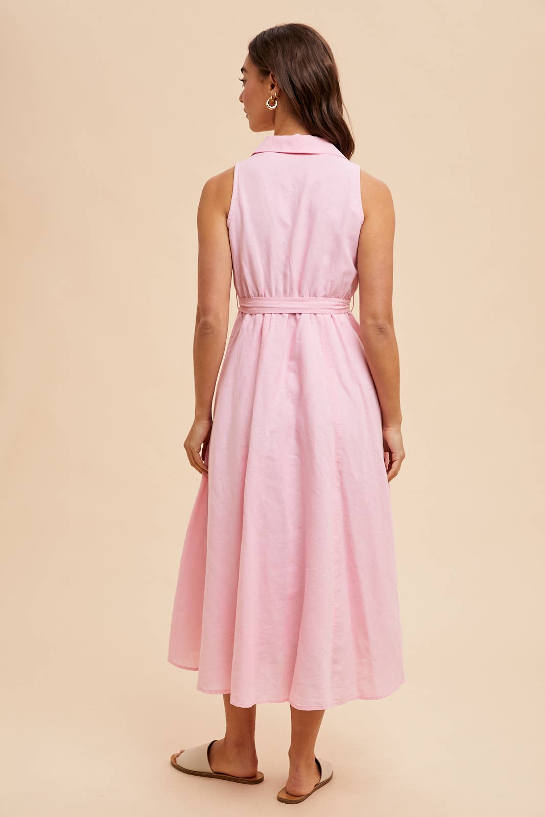 Pink Sleeveless Linen Blend Midi Dress