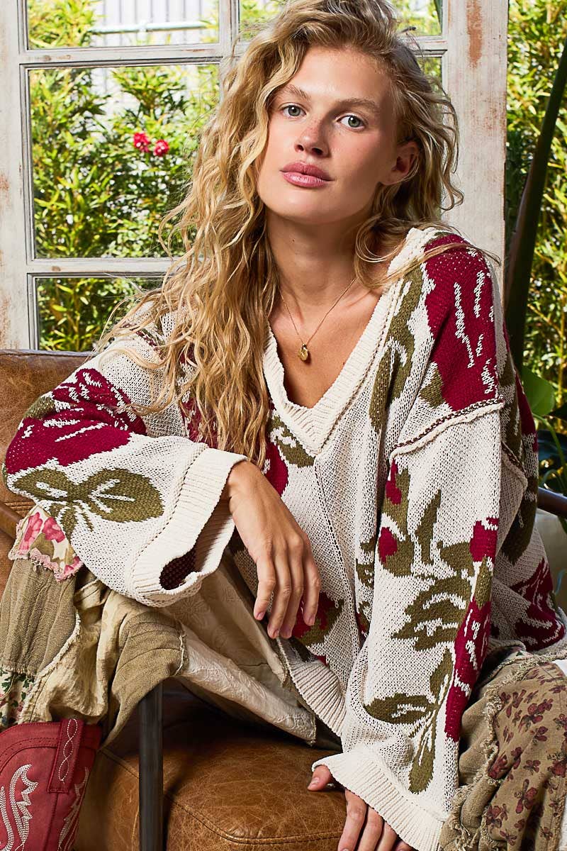 Long sleeve contrast floral exposed seam detail sweater top