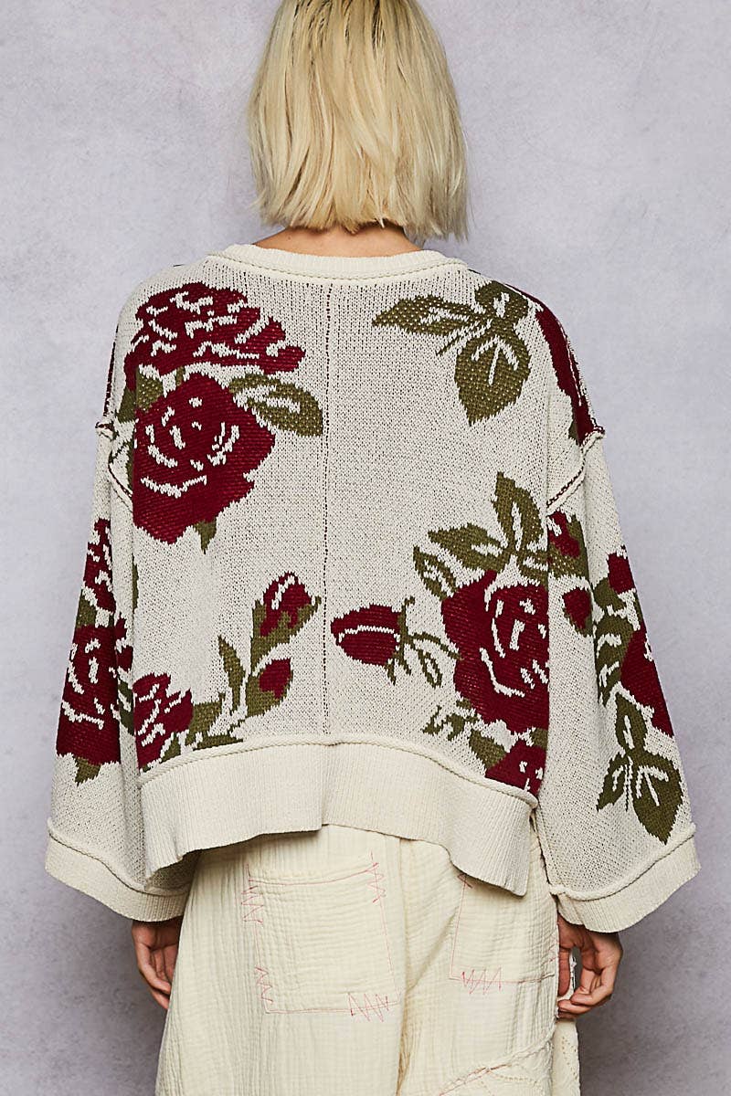 Long sleeve contrast floral exposed seam detail sweater top