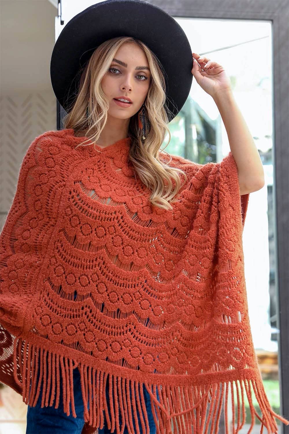Cozy Scallop Lace Poncho - Boho Knit Wrap in Multiple Colors