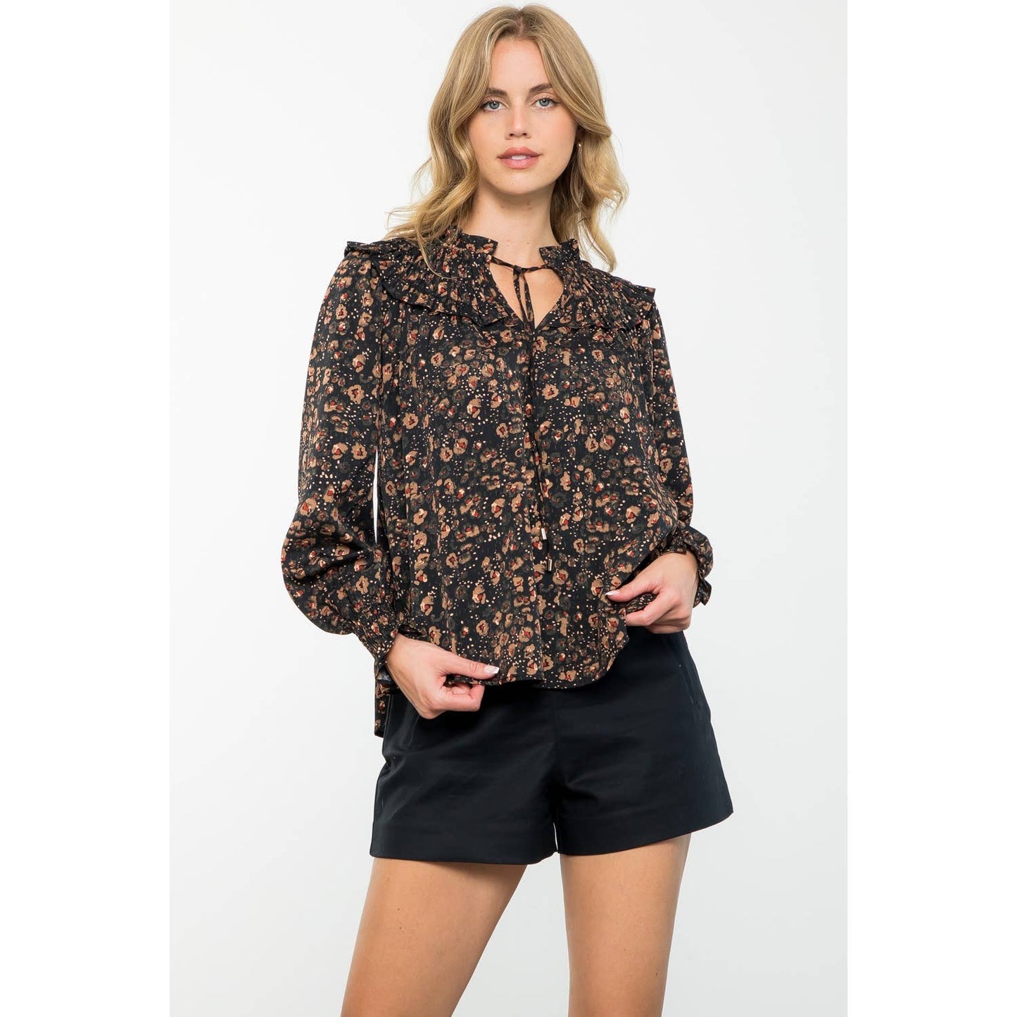 Smocked Detail Long Sleeve Print Top