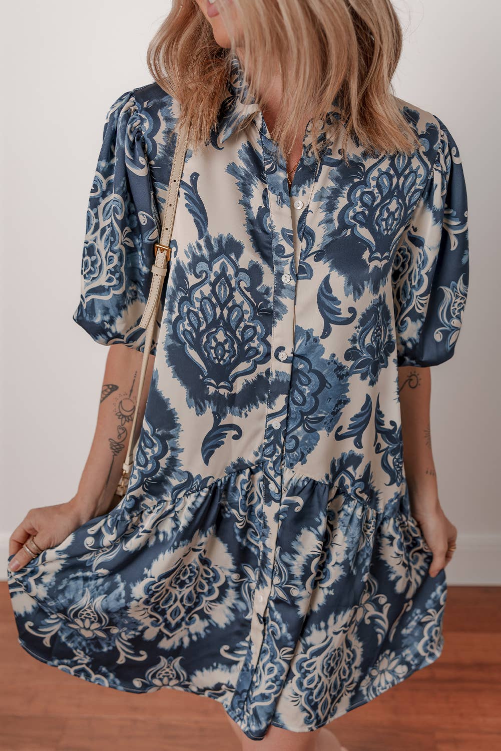 LDC Boho Floral Print Buttoned Collared Loose Fit Mini Dress