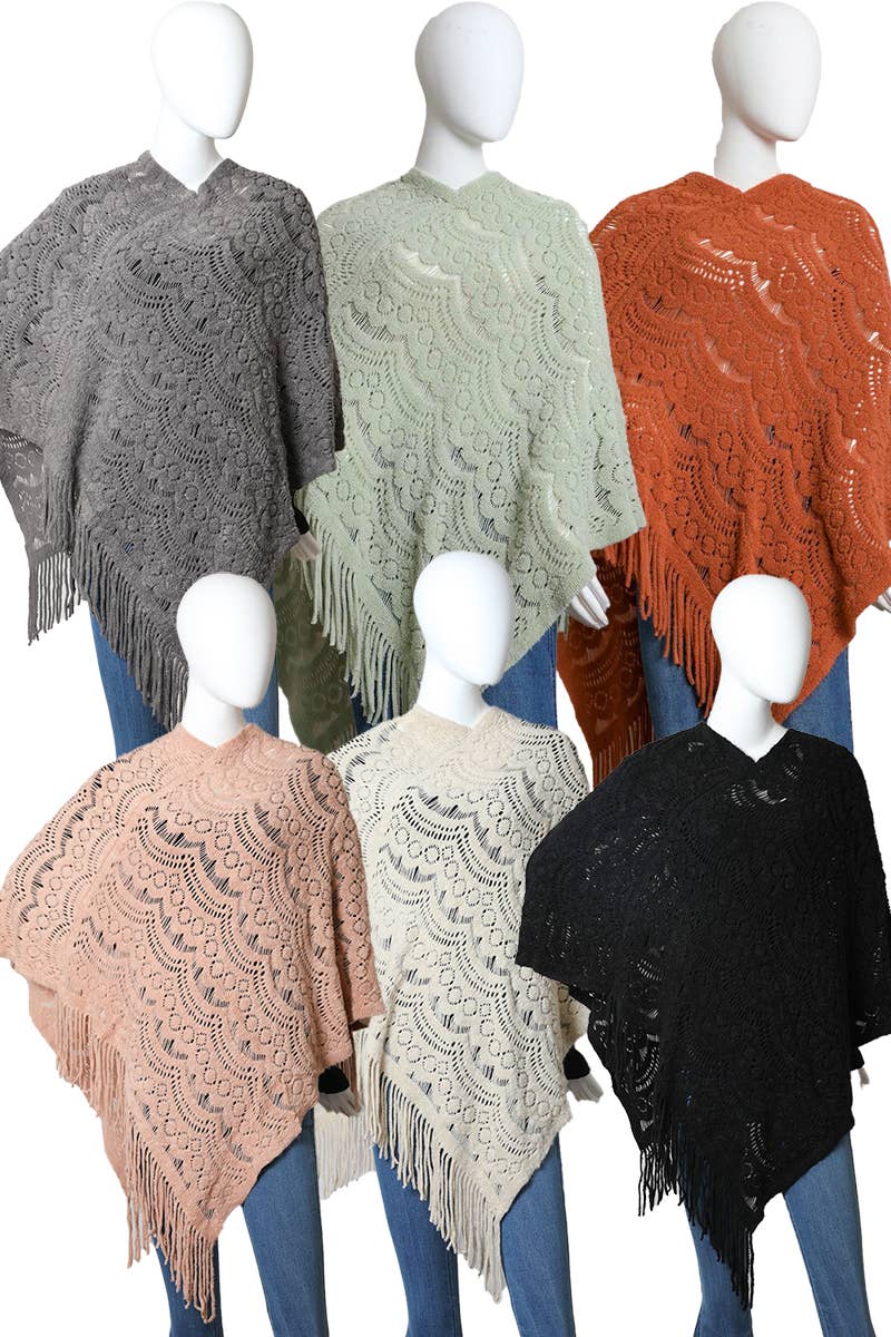 Cozy Scallop Lace Poncho - Boho Knit Wrap in Multiple Colors