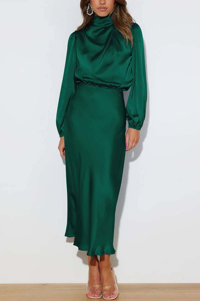 Emerald Satin Long Sleeved Midi Dress