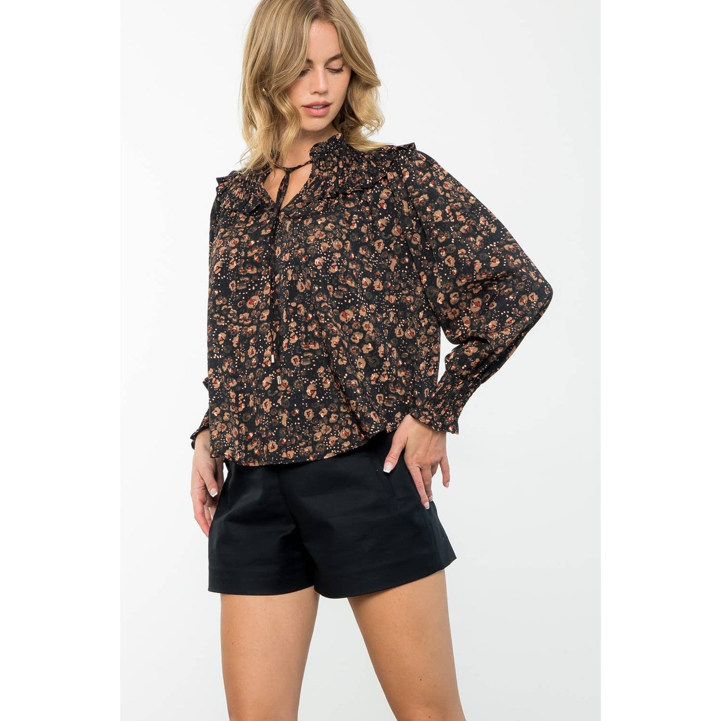 Smocked Detail Long Sleeve Print Top