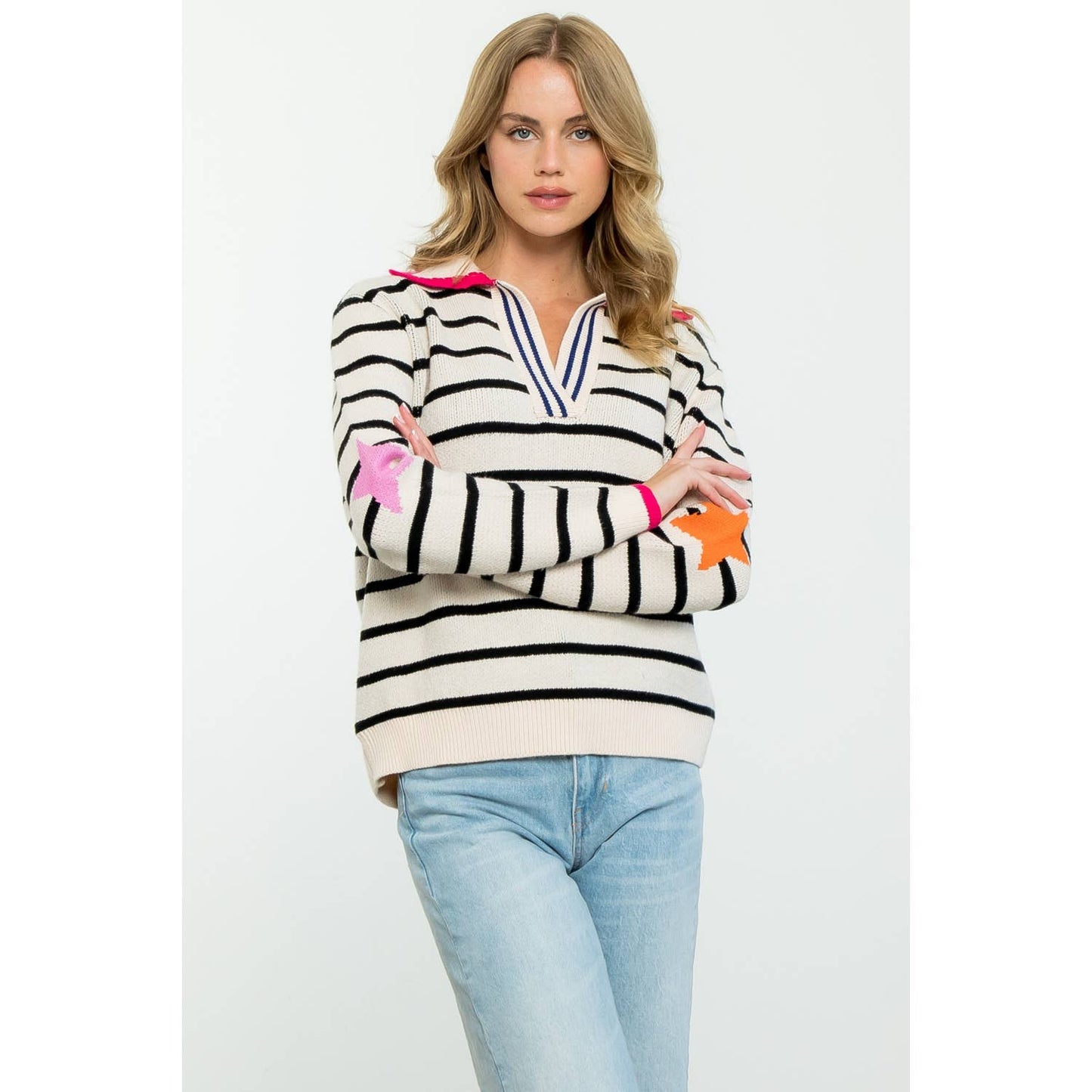 Collared Striped Knit Sweater
