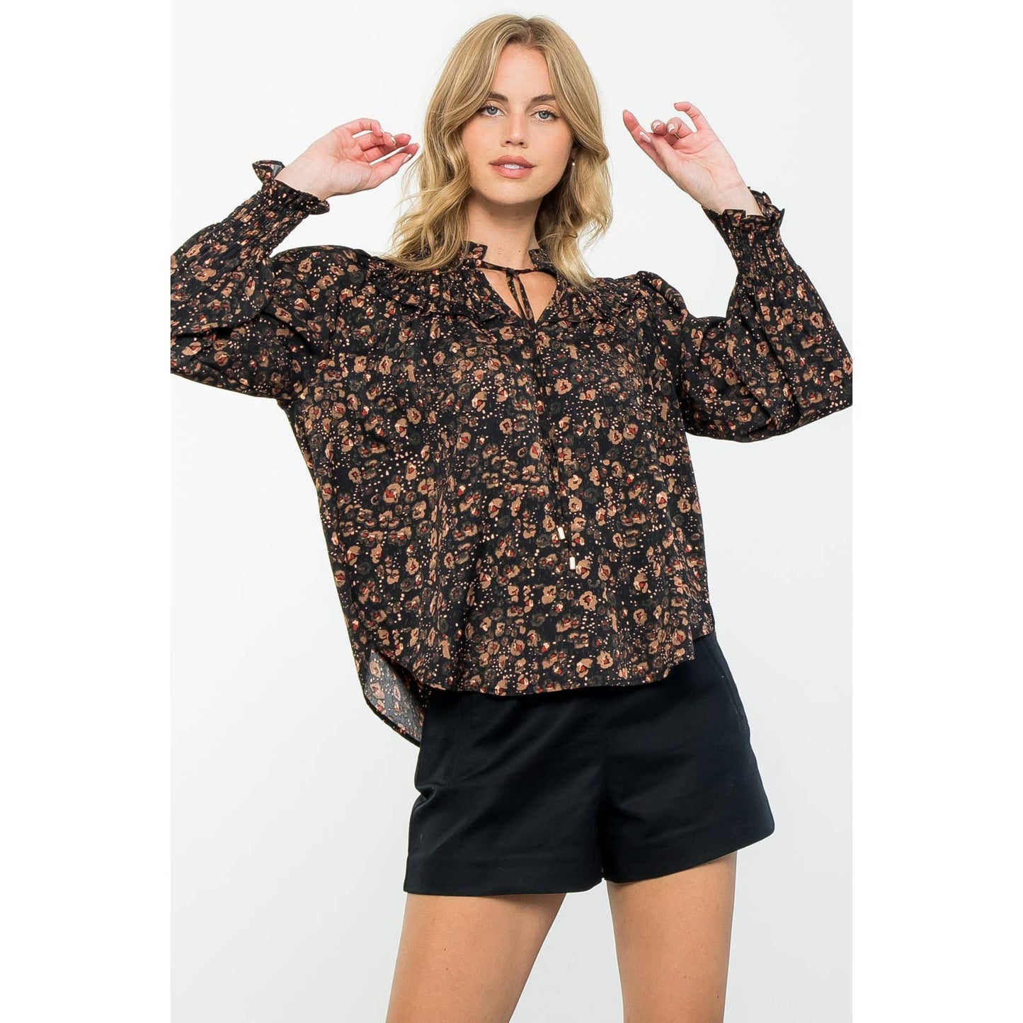 Smocked Detail Long Sleeve Print Top