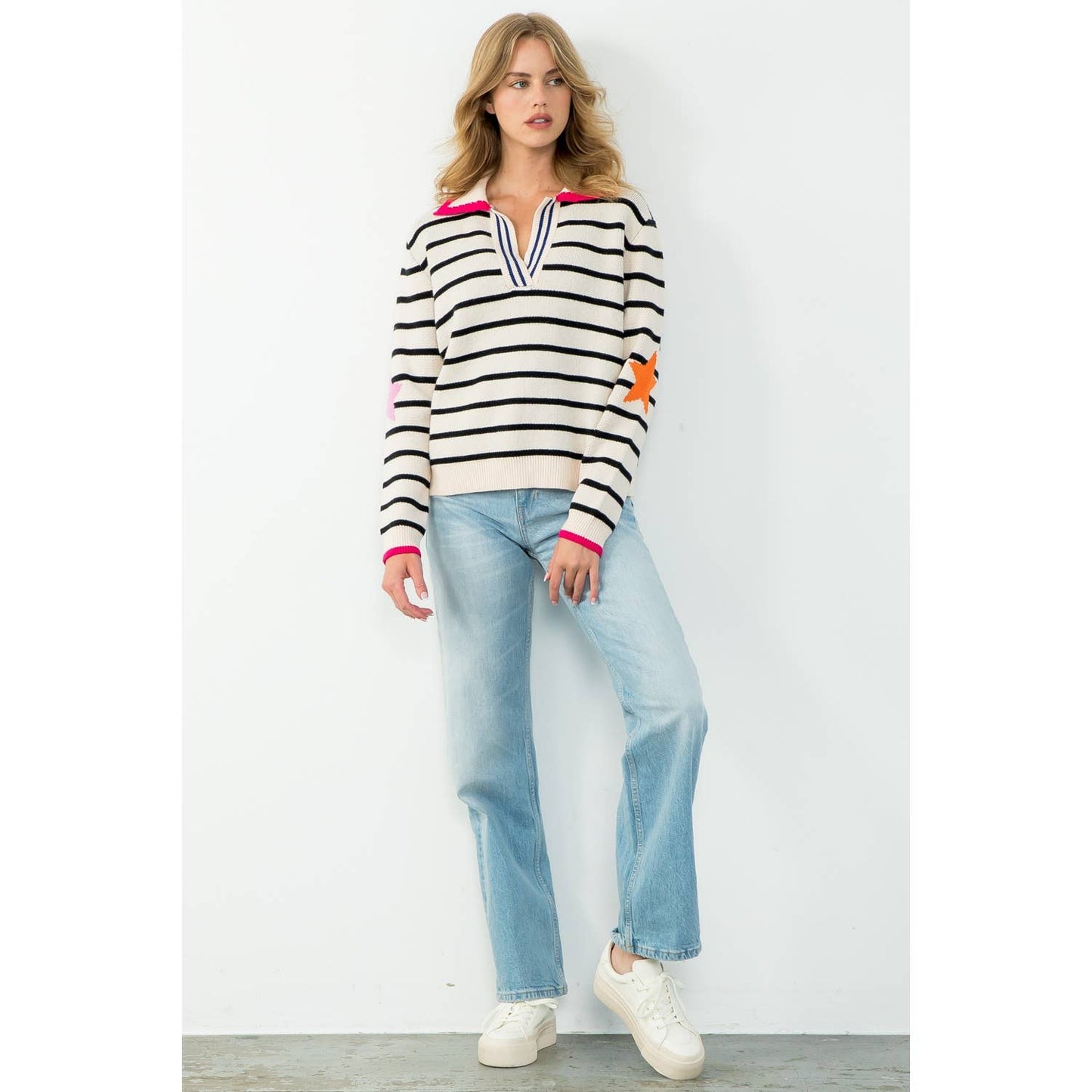 Collared Striped Knit Sweater