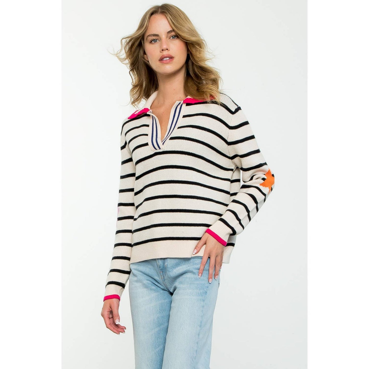 Collared Striped Knit Sweater