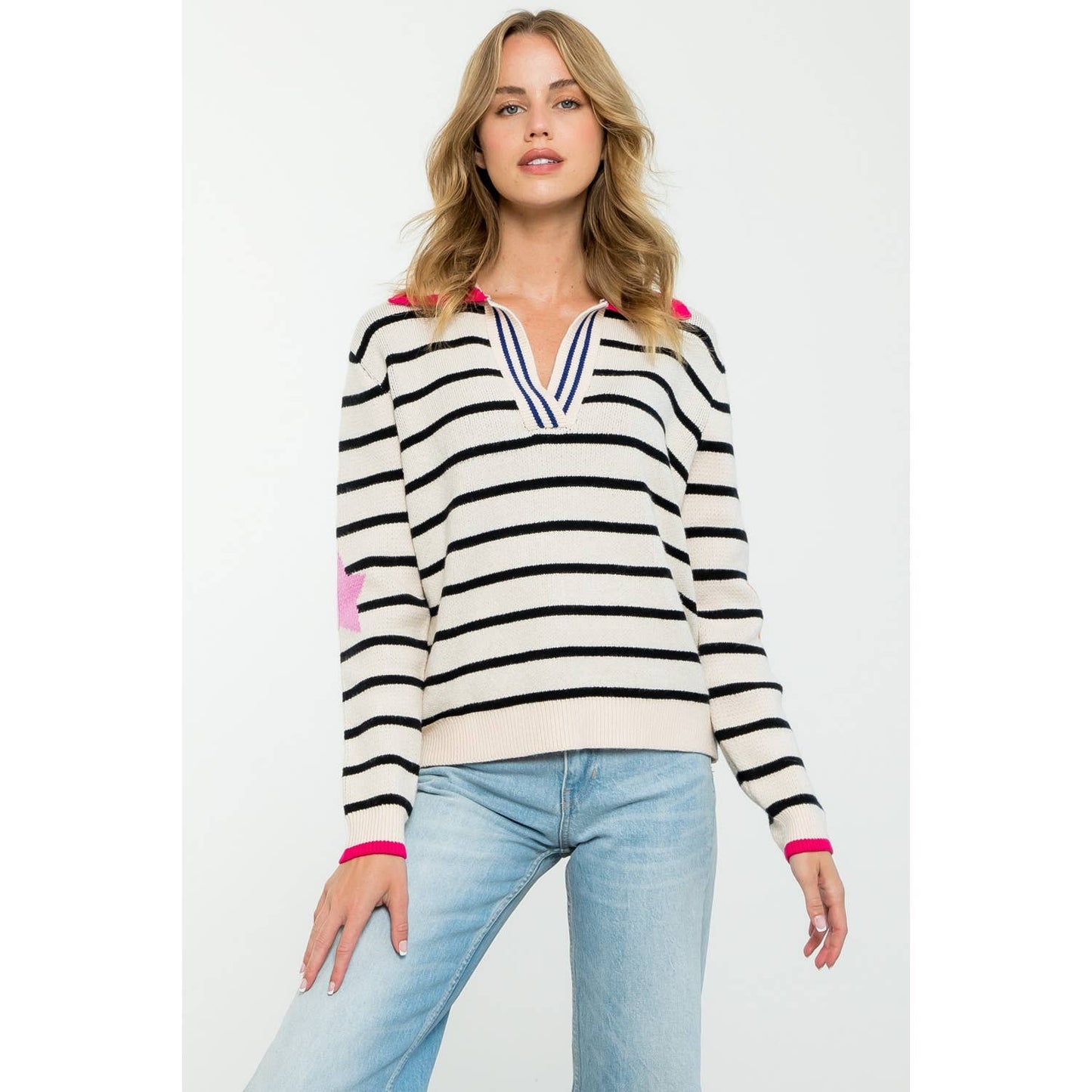Collared Striped Knit Sweater
