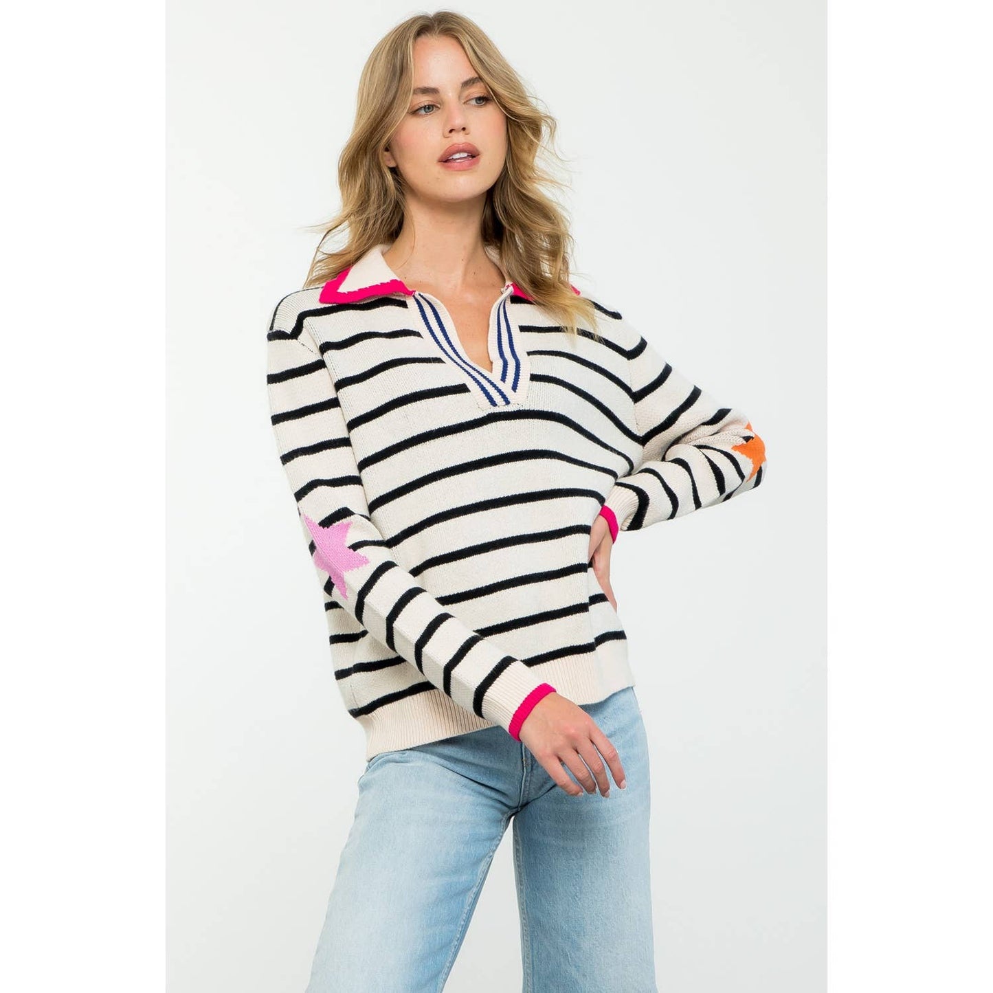Collared Striped Knit Sweater