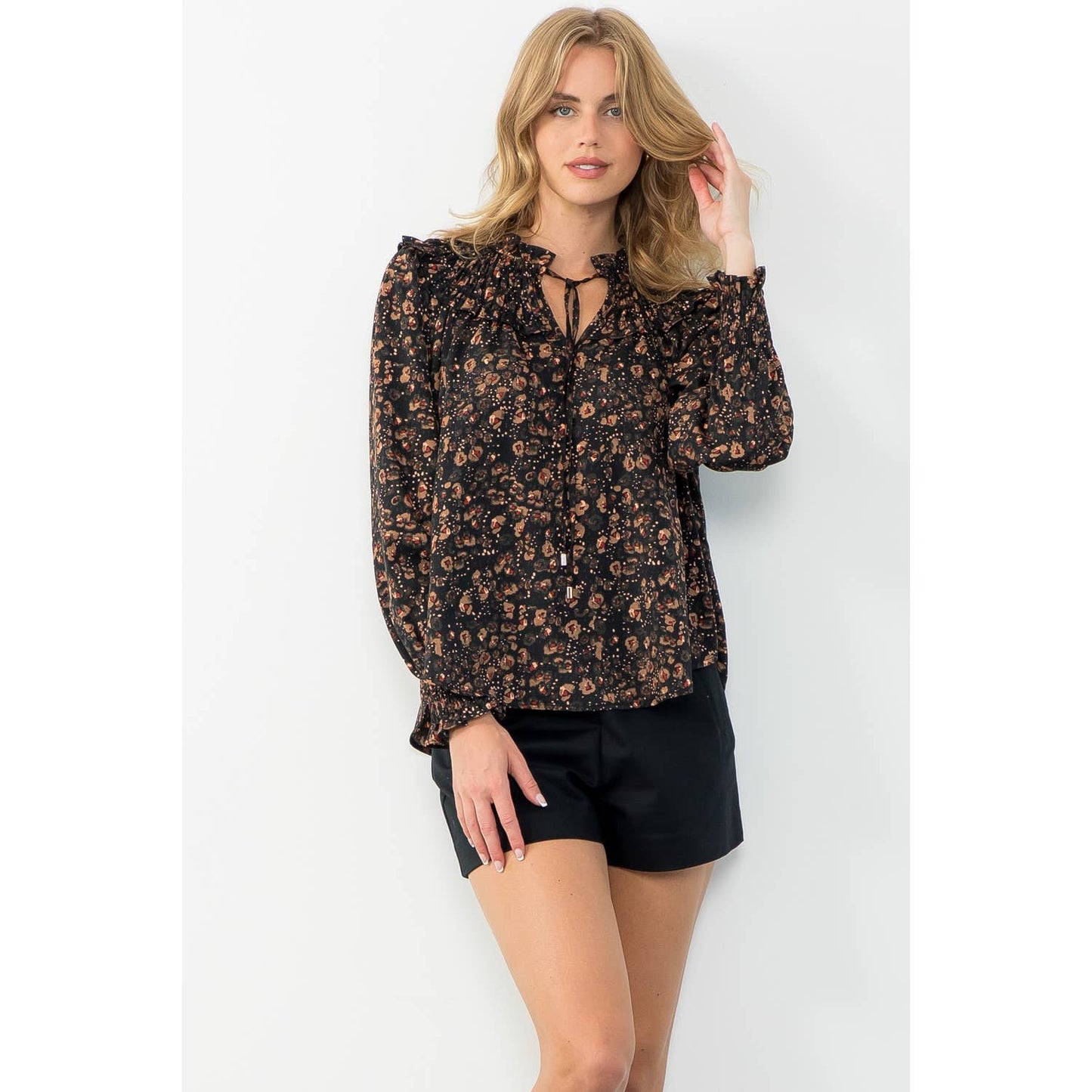 Smocked Detail Long Sleeve Print Top
