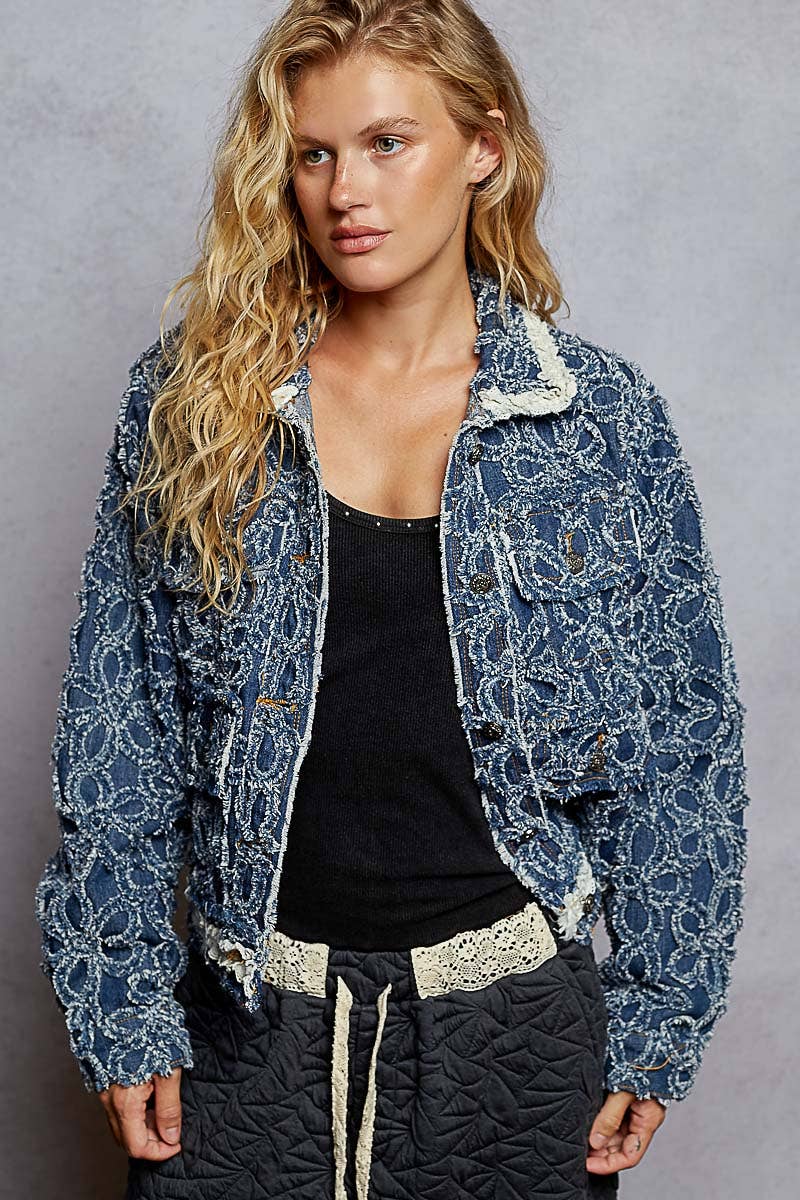 Long Sleeved Textured Woven Denim Jacket