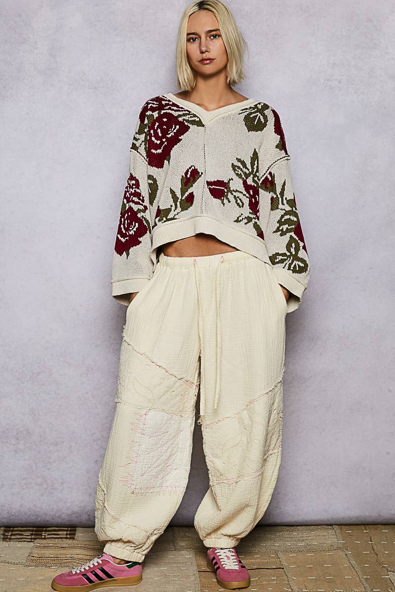 Long sleeve contrast floral exposed seam detail sweater top