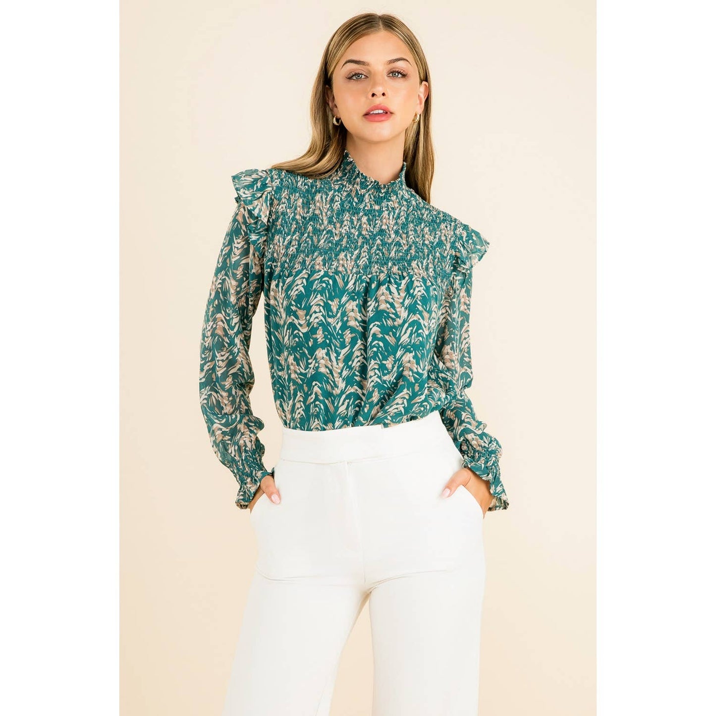 Smocked Print Blouse
