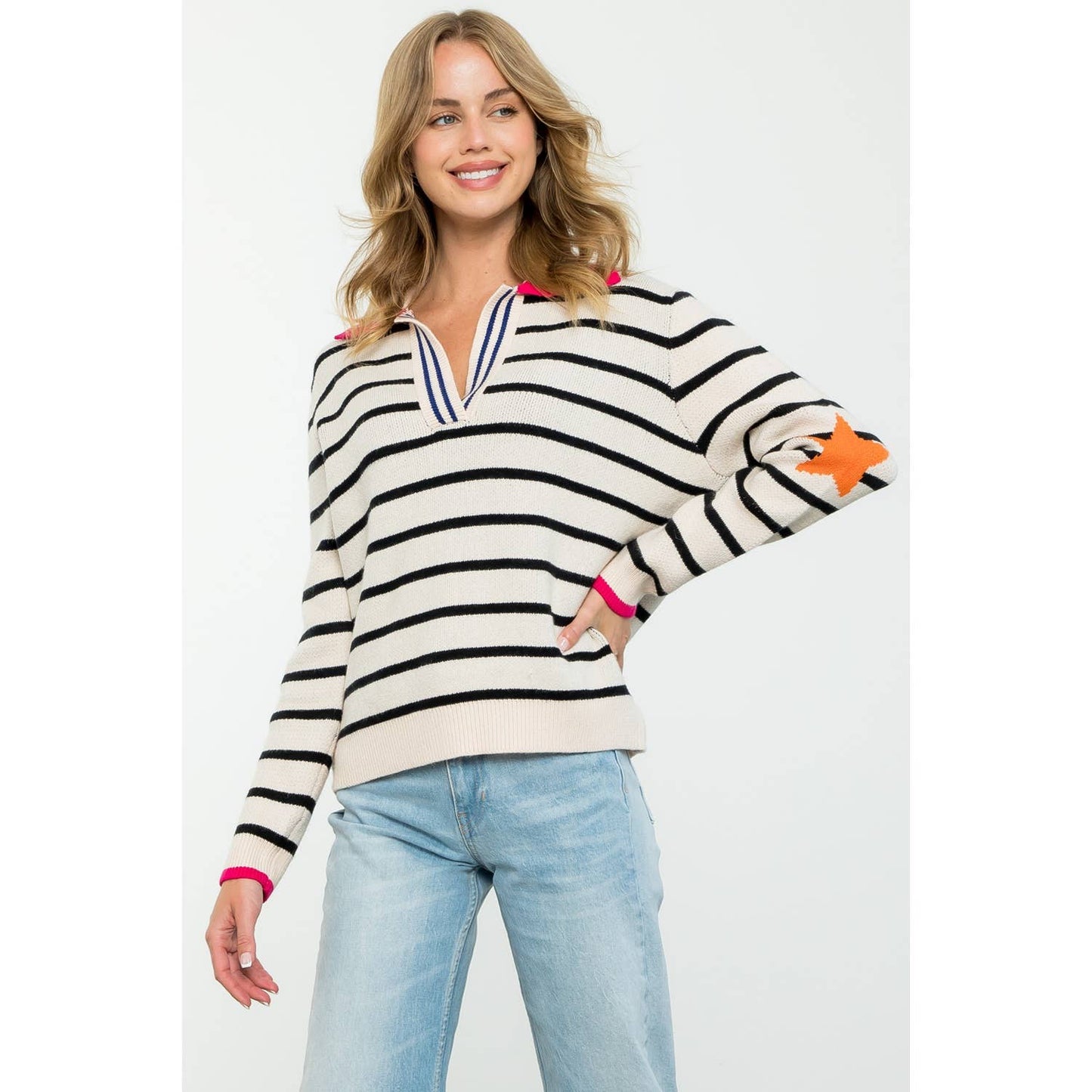 Collared Striped Knit Sweater