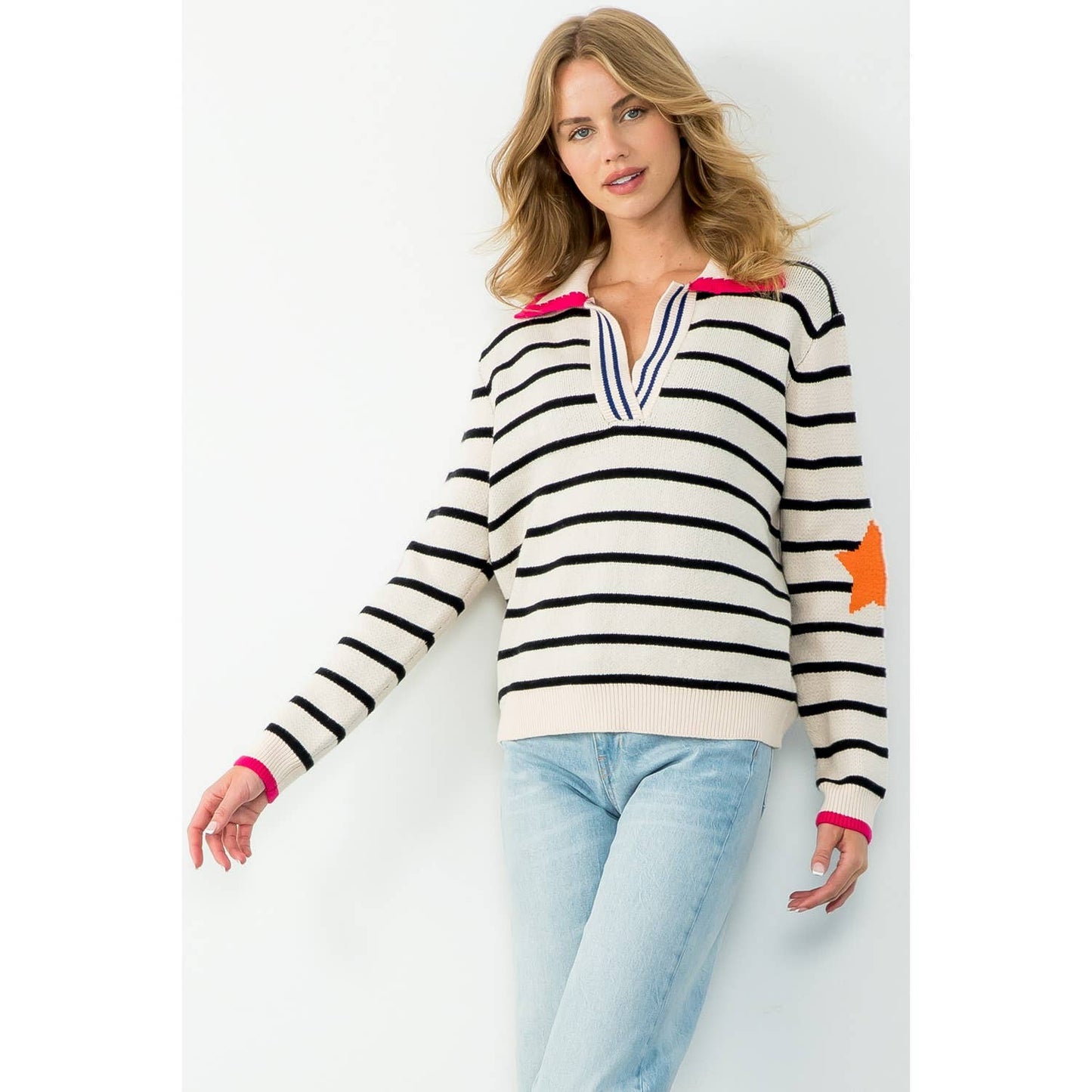 Collared Striped Knit Sweater