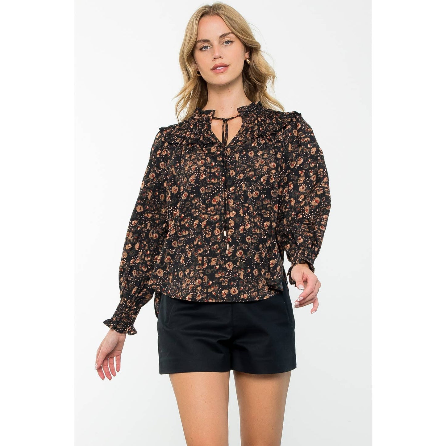 Smocked Detail Long Sleeve Print Top