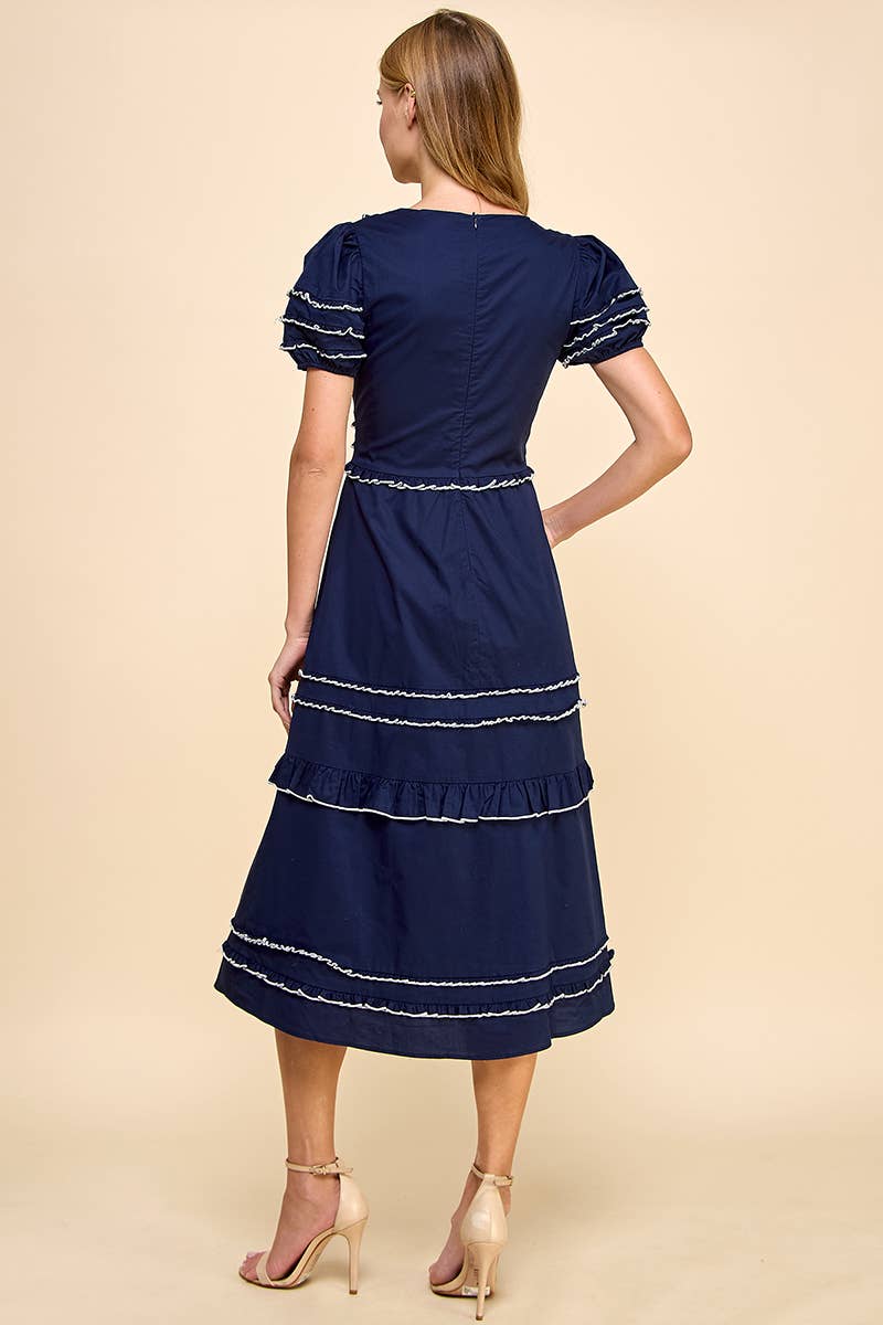 Neckline Striped Midi Dress Navy