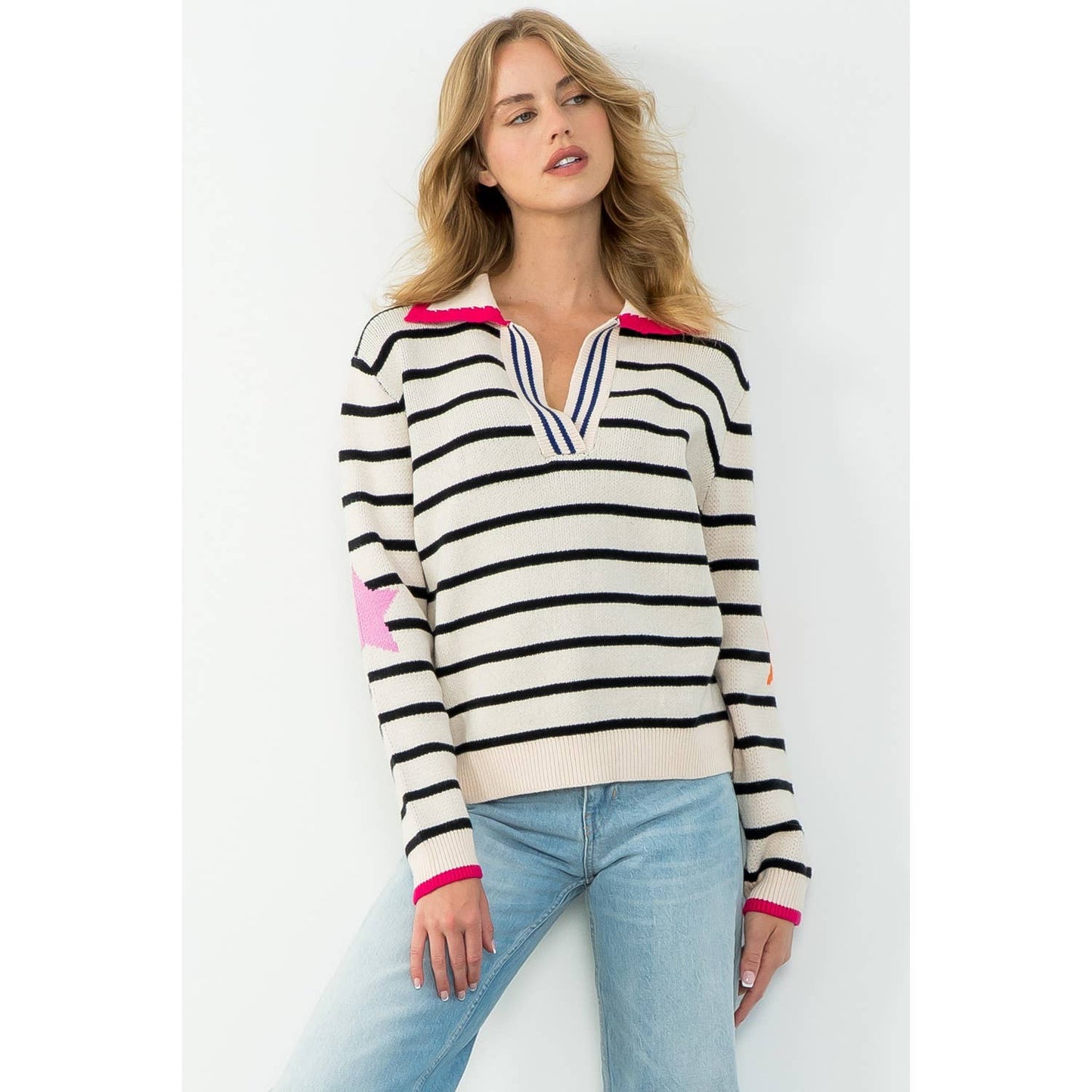 Collared Striped Knit Sweater
