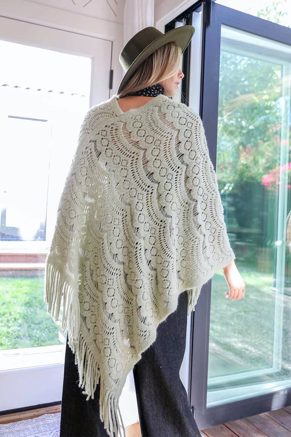 Cozy Scallop Lace Poncho - Boho Knit Wrap in Multiple Colors