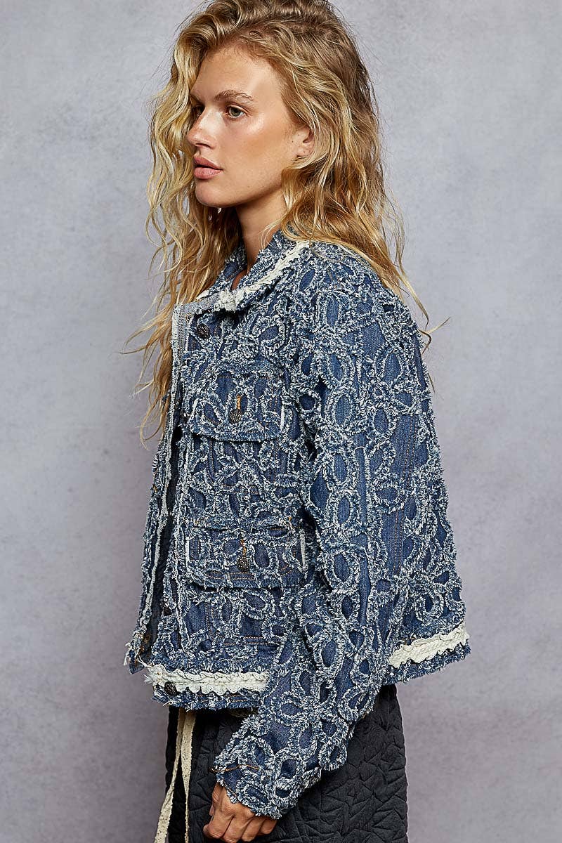 Long Sleeved Textured Woven Denim Jacket