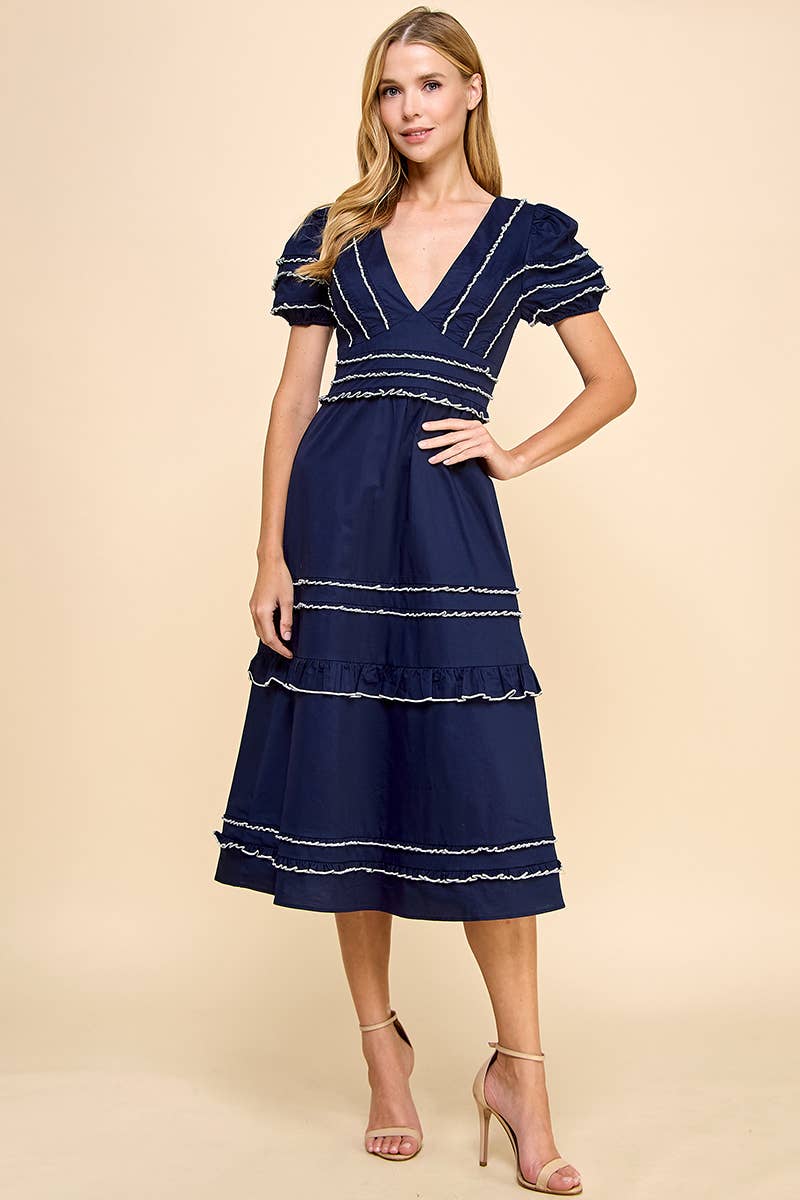 Neckline Striped Midi Dress Navy
