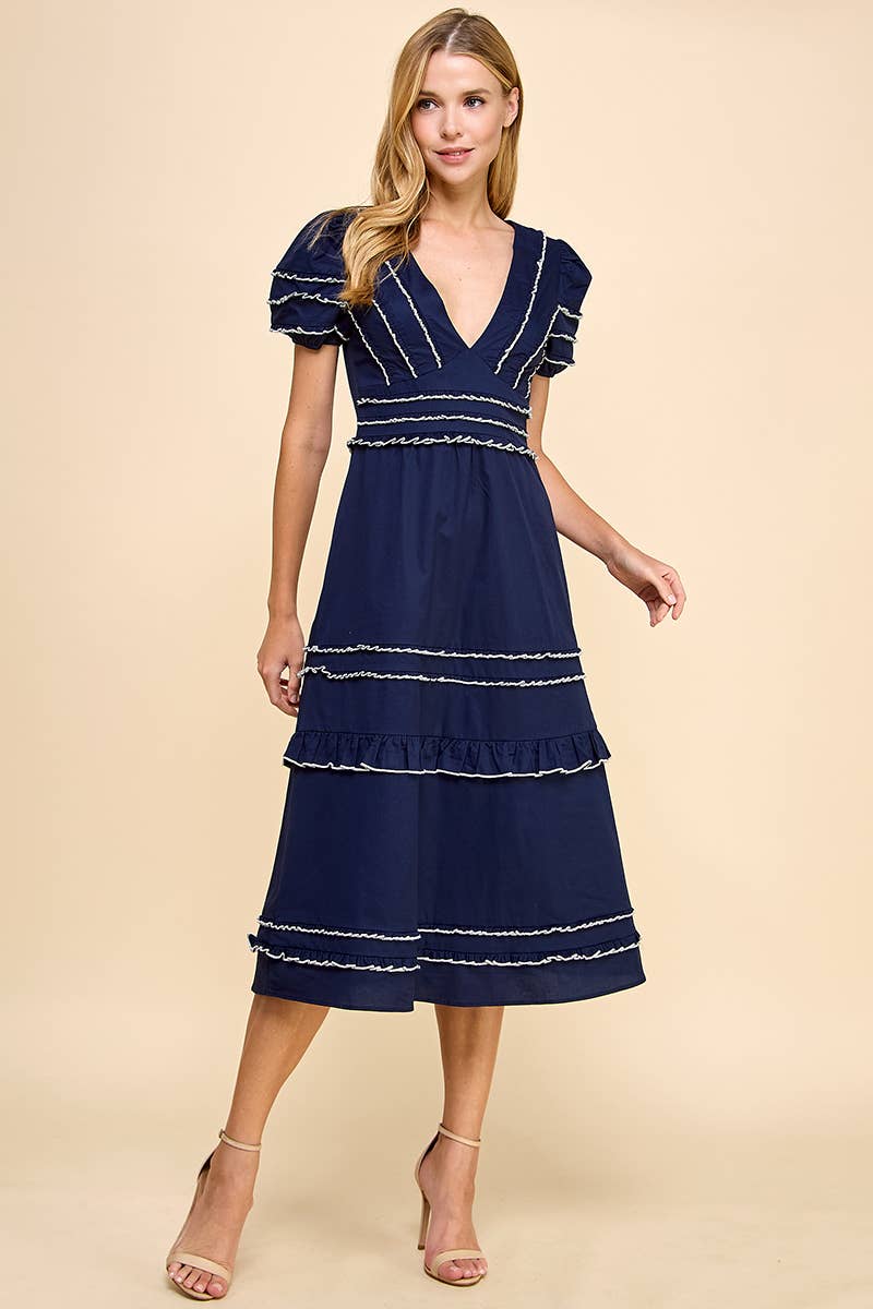 Neckline Striped Midi Dress Navy