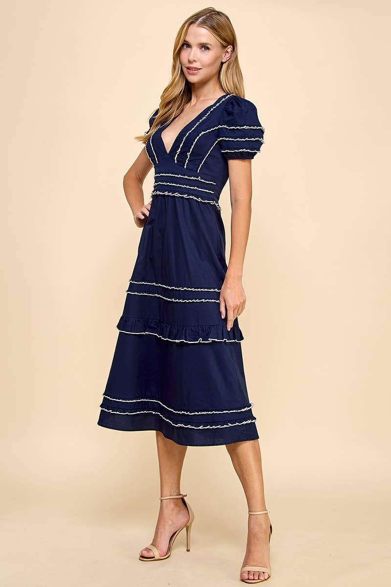 Neckline Striped Midi Dress Navy