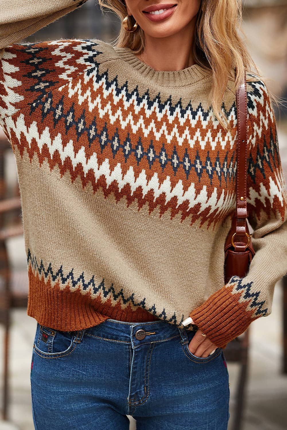LDC Western Print Colorblock Crew Neck Sweater