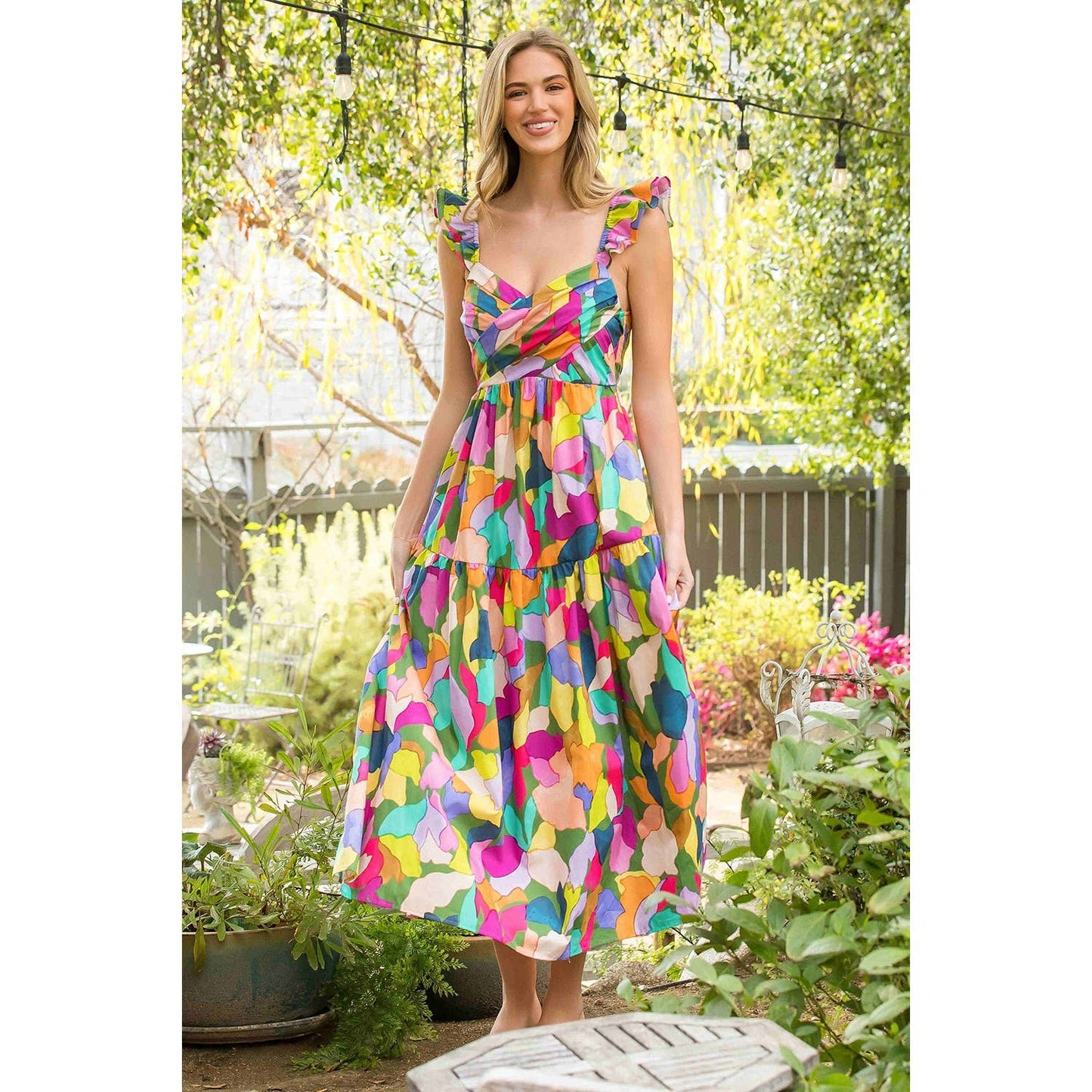 Ruffle Strap Multi color Printed Maxi Dress