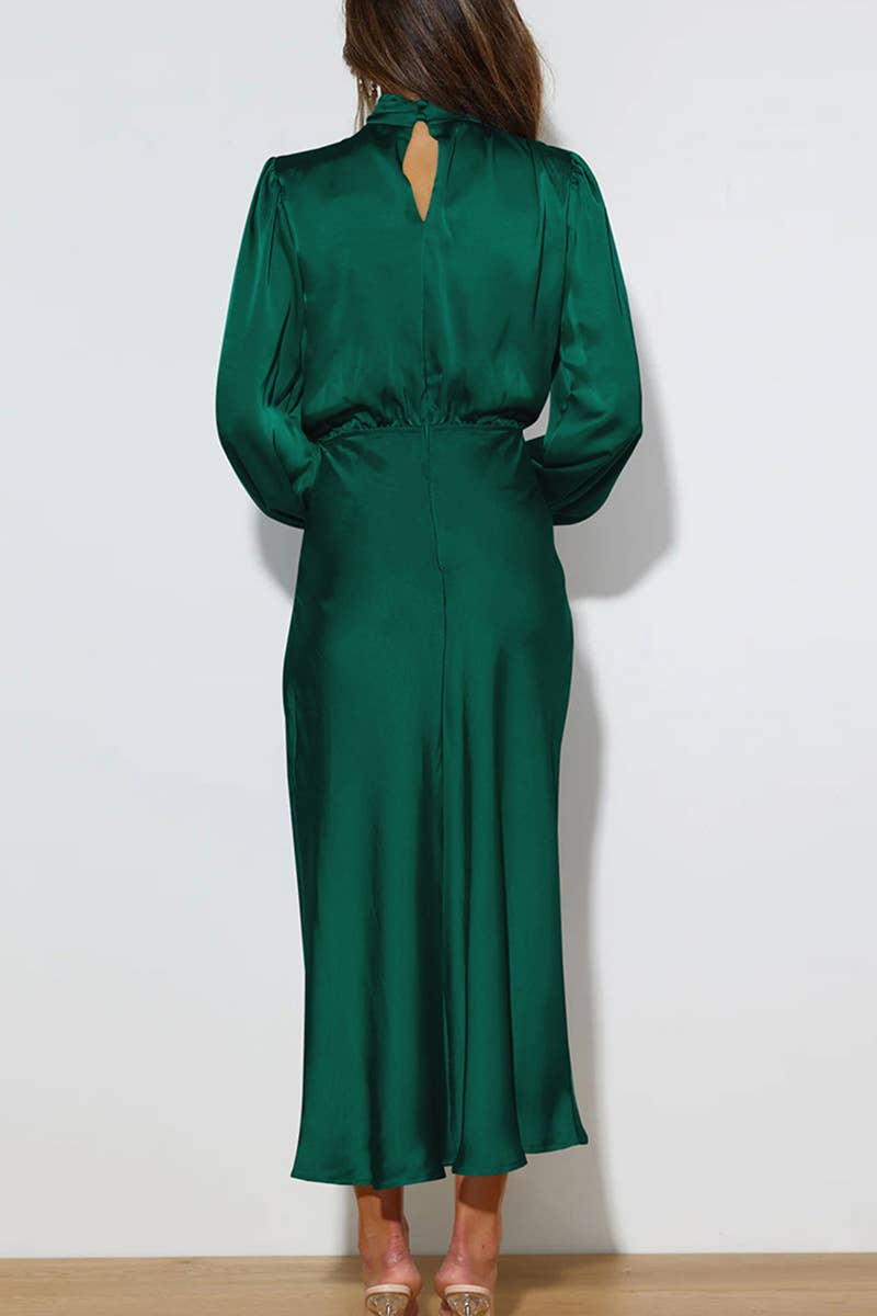 Emerald Satin Long Sleeved Midi Dress