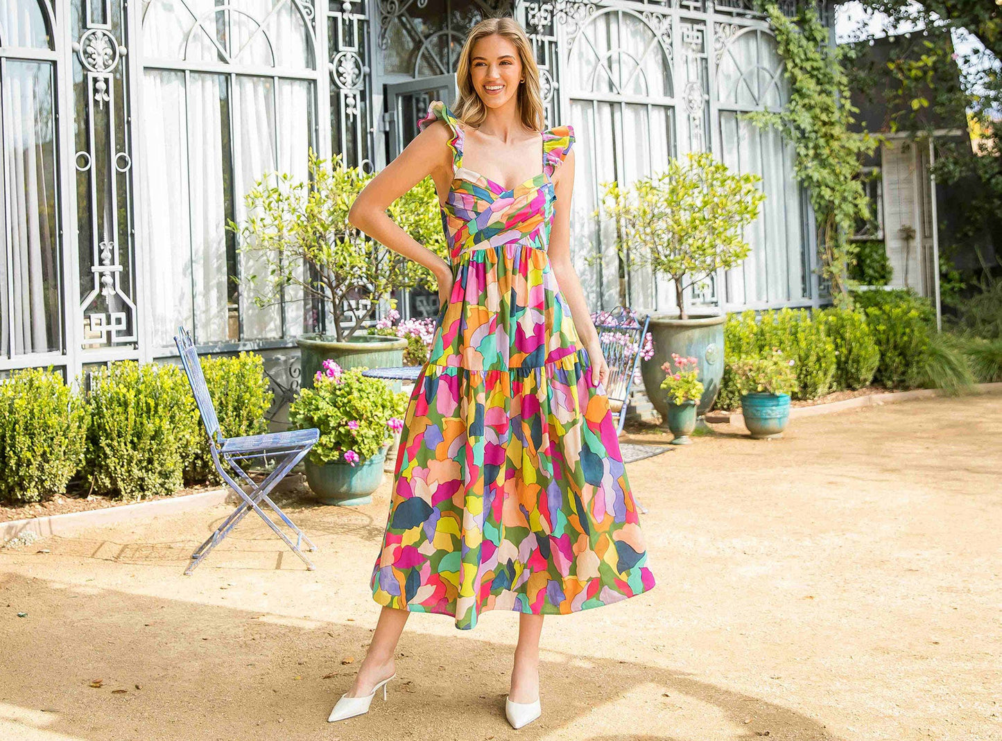 Ruffle Strap Multi color Printed Maxi Dress