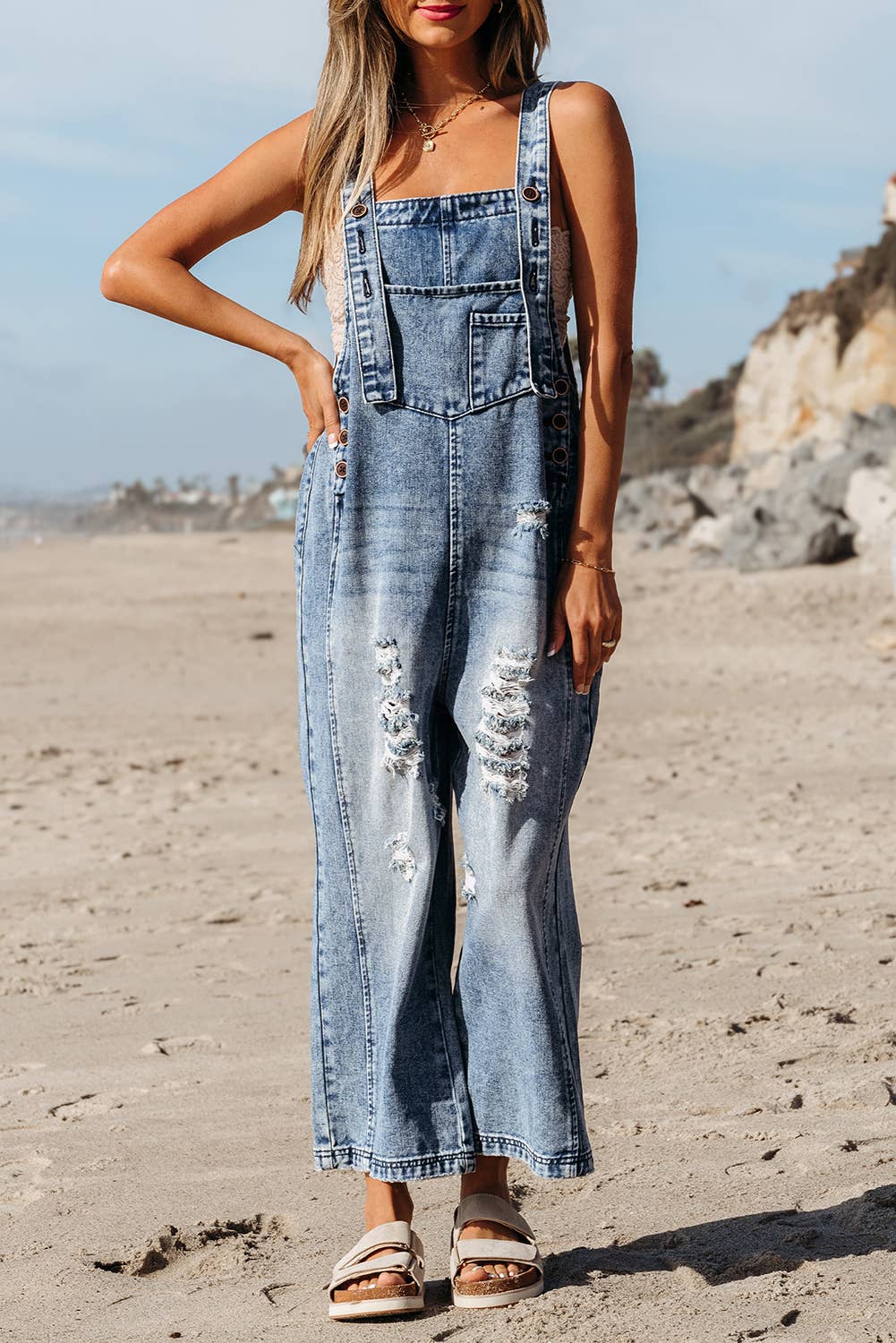 LDC Distressed Bib Pocket Wide Leg Denim Overall
