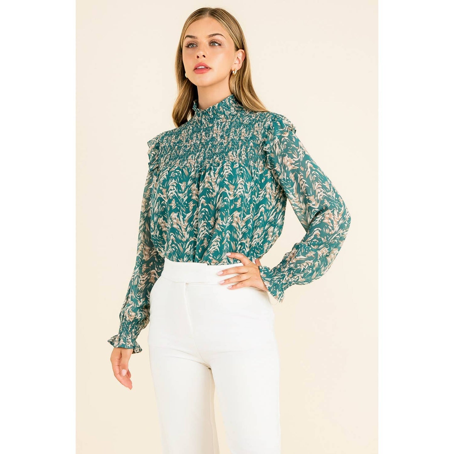 Smocked Print Blouse