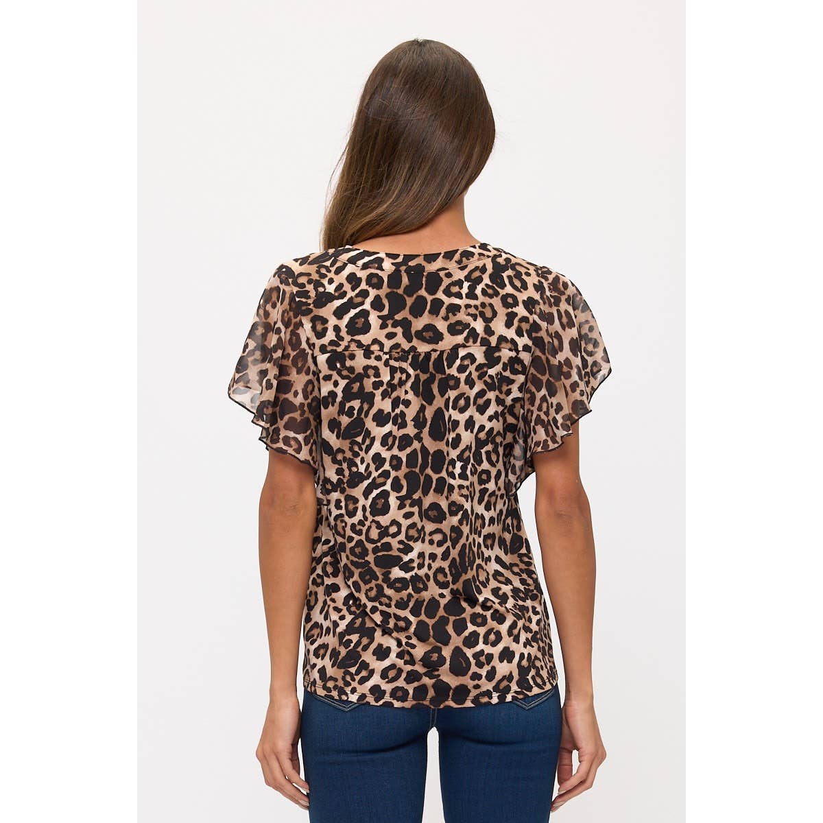 ANIMAL PRINT MIX MEDIA FLUTTER HALF PLACKET BLOUSE