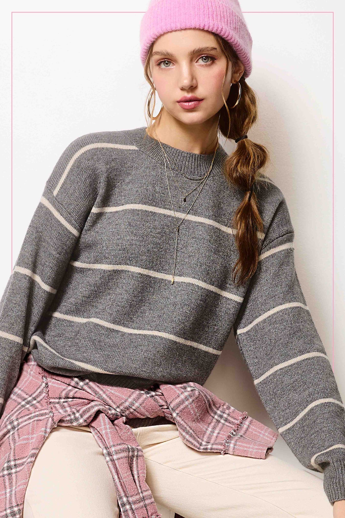 HCS3553-Loose Fit Stripe Long Sleeve Crewneck Sweater