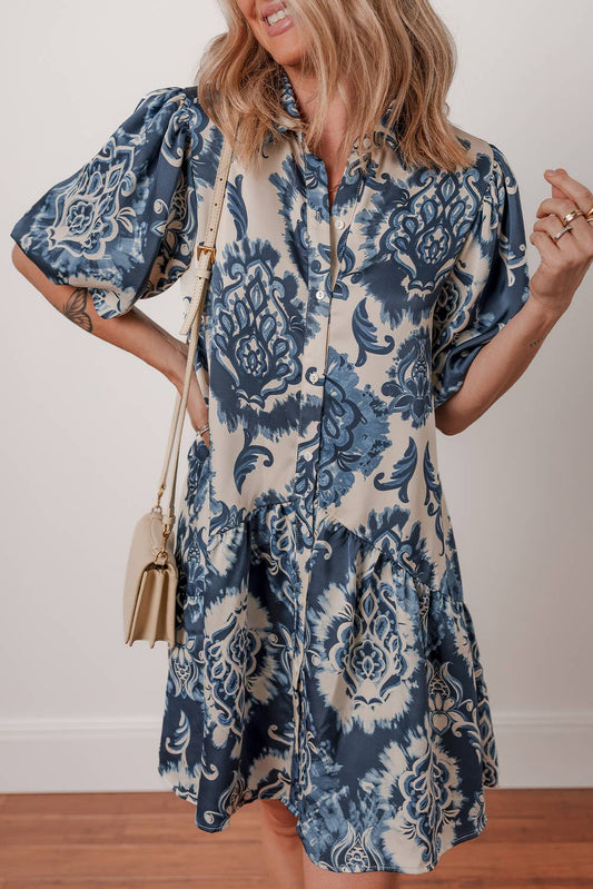 LDC Boho Floral Print Buttoned Collared Loose Fit Mini Dress