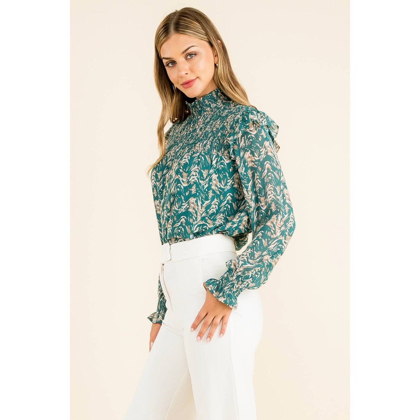 Smocked Print Blouse