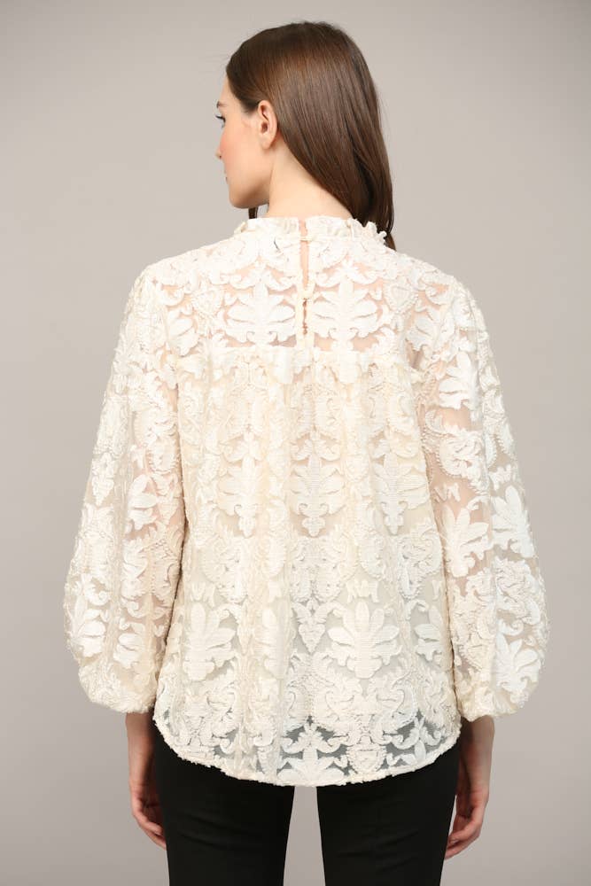 Lurex Burnout Velvet Ruffle V-Neck Blouse Cream