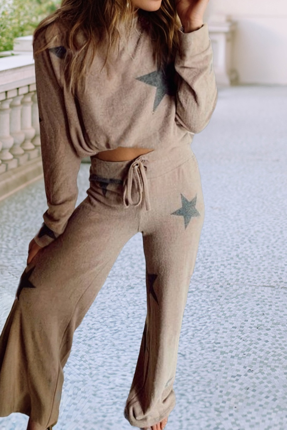 Retro Star Long Sleeve Drawstring Wide Leg 2pcs Pajamas