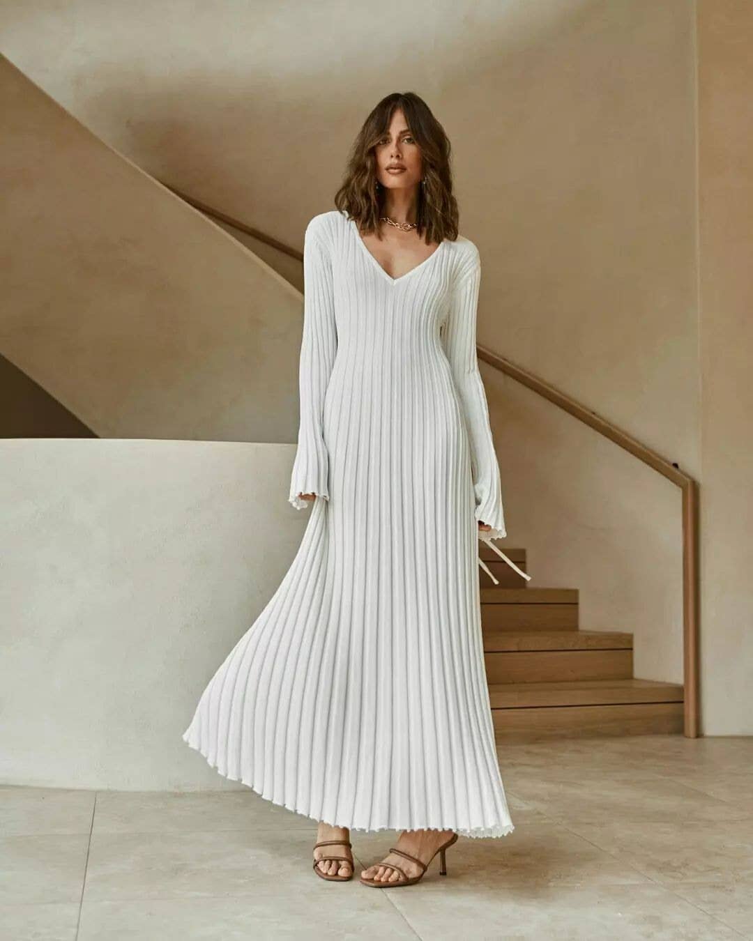 Long Sleeved V-Neck Sweater Knit Dress
