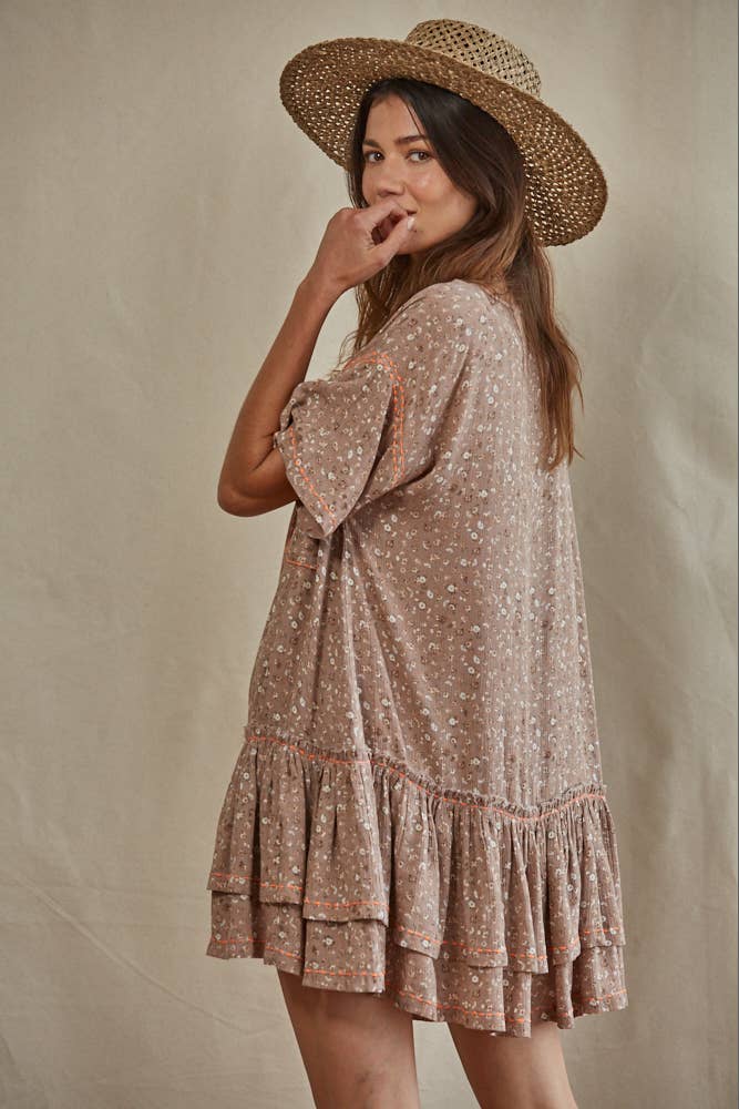 Woven Rayon Gauze Wide Neck Short Sleeve Dress