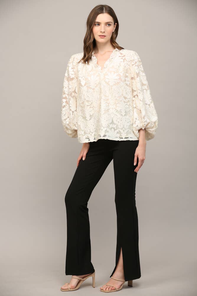 Lurex Burnout Velvet Ruffle V-Neck Blouse Cream