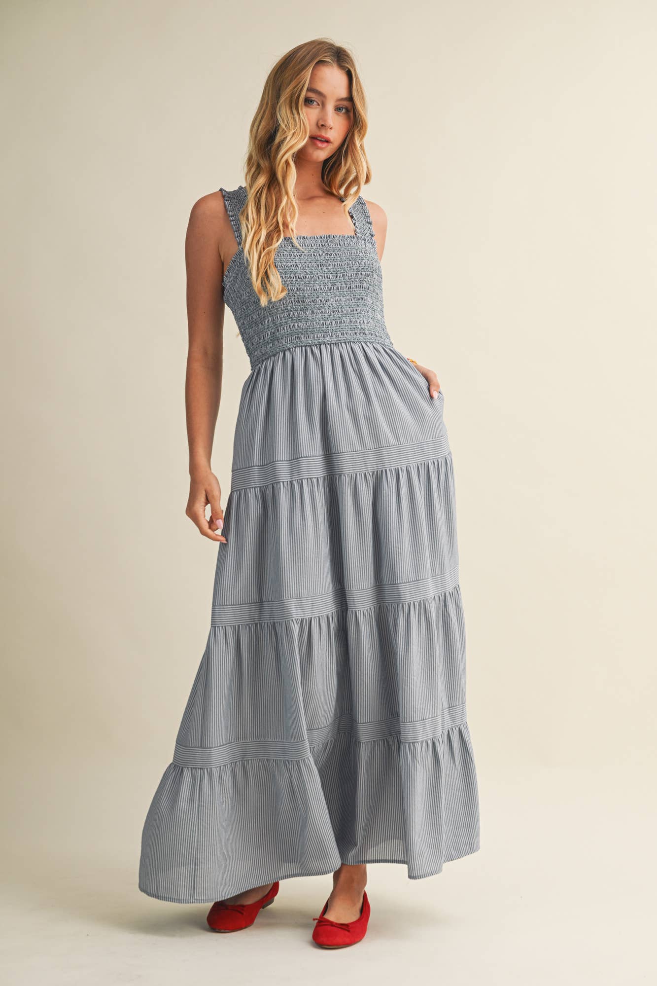 Square Neck Smocked Tiered Maxi Dress